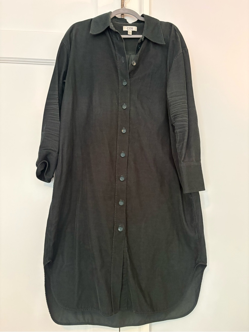 COS Dark Olive Button-Front Shirt Dress